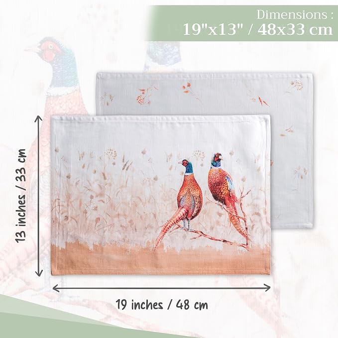 Maison d' Hermine Placemats Set of 4 Reusable 100% Cotton (13"x19") | Cloth Place Mats Washable Table Mats for Kitchen Dining Party Wedding Hotel Home Thanksgiving Christmas - Faisan D'Automne