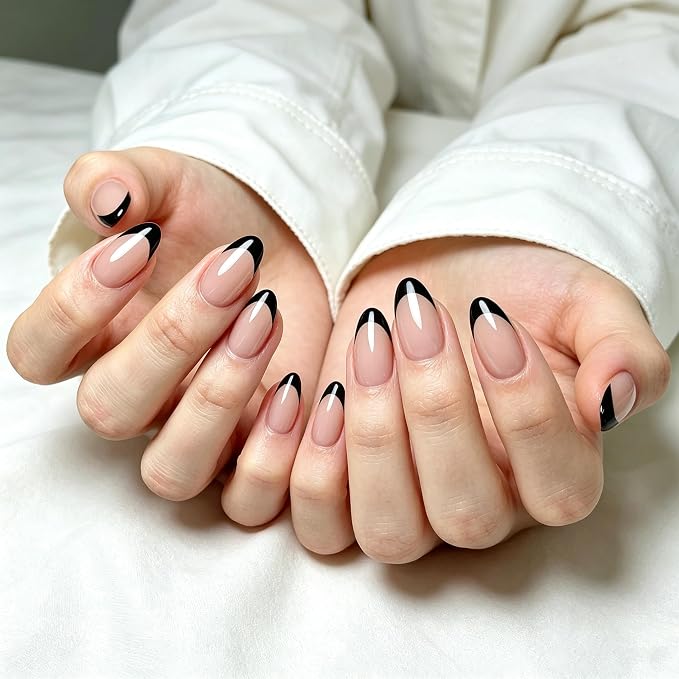 Press On Nails, Black French, Short Almond | French Tip UV Finish Short Almond Fake Nails Salon Quality Nails in 12 Sizes - 24 Nail Kit with Glue