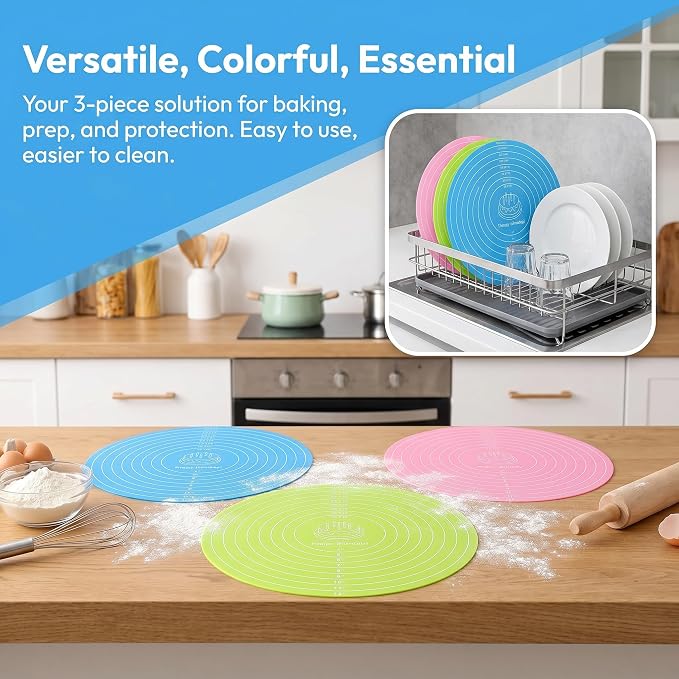 3PCS Round Silicone Baking Mats, 11.8 Inch Reusable Nonstick Pastry Mat with Measurement Guides, Heat Resistant Silicone Baking Mat for Pizza Pan, Dough Rolling, Pastry and Baking