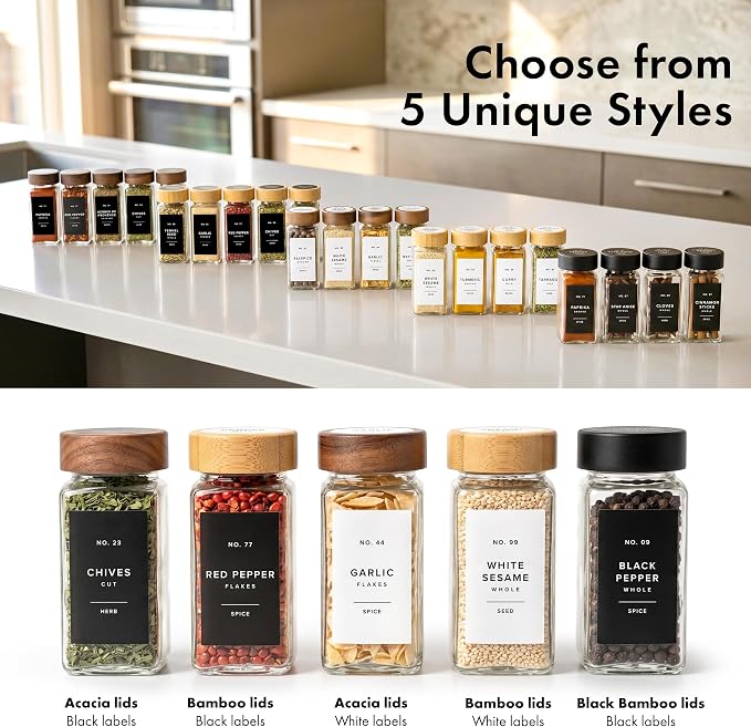 Glass Spice Jars with Label, 24x Acacia Wooden Lids - Black Labels | Airtight Lids keep spices fresh, Kitchen Spice Drawer Organizer, 4oz Seasoning Containers incl. Funnel, Brush & 240 Labels
