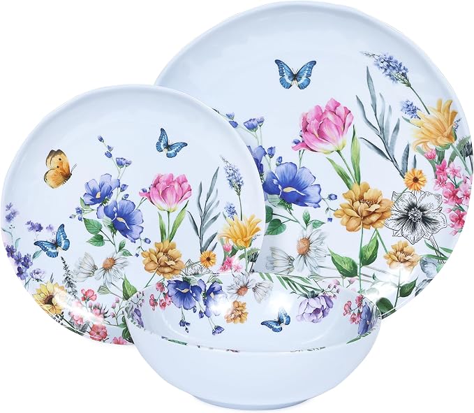 12 Piece Melamine Dinnerware Sets - Plates And Bowls Sets Floral | Dinnerware Sets- Spring Camping Dishs Indoor Outdoor Use,Flowers And Butterflies Pattern Tableware Lightweight Service for 4