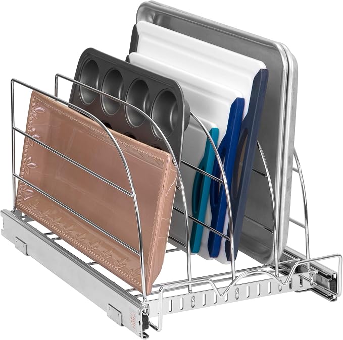 Pull Out Organizer for Bakeware, Cutting Board and Trays, 12.5”W x 21”D | Stores Cutting Board and Trays, Adjustable Dividers, Heavy Duty, Lifetime Limited Warranty - For Narrow Cabinet Spaces