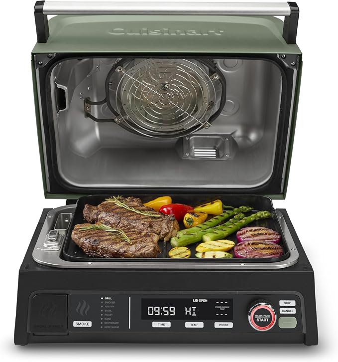 Cuisinart Outdoor Electric Grill, 8-in-1 Air Fryer/Grill/Smoker, 154 sq in | Cuisinart FlavorBoost 8-in-1 outdoor electric grill, 1800W small electric grill with air fryer & wood-pellet drawer, CEG-1302