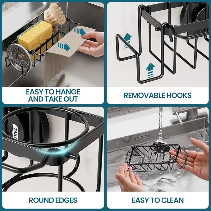 TAILI 4-in-1 Sponge Holder for Kitchen Sink with Strong Suction Cup-Black | Removable Rustproof 304 Stainless Steel Multi-compartment Sponge Holder with Suction Cup, Keeps Brushes & Scrubbers Tidy