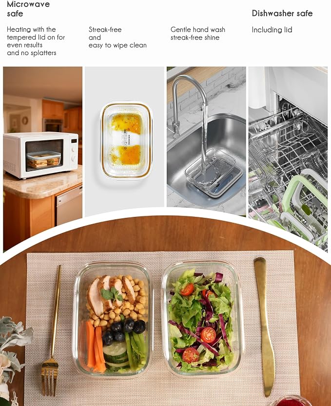 4-Pack Glass Food Storage Containers with Tempered Glass Lids, 4.6 Cup (37.2oz) Airtight, Oven & Microwave Safe (-4°F~950°F), Leakproof Meal Prep & Lunch Containers