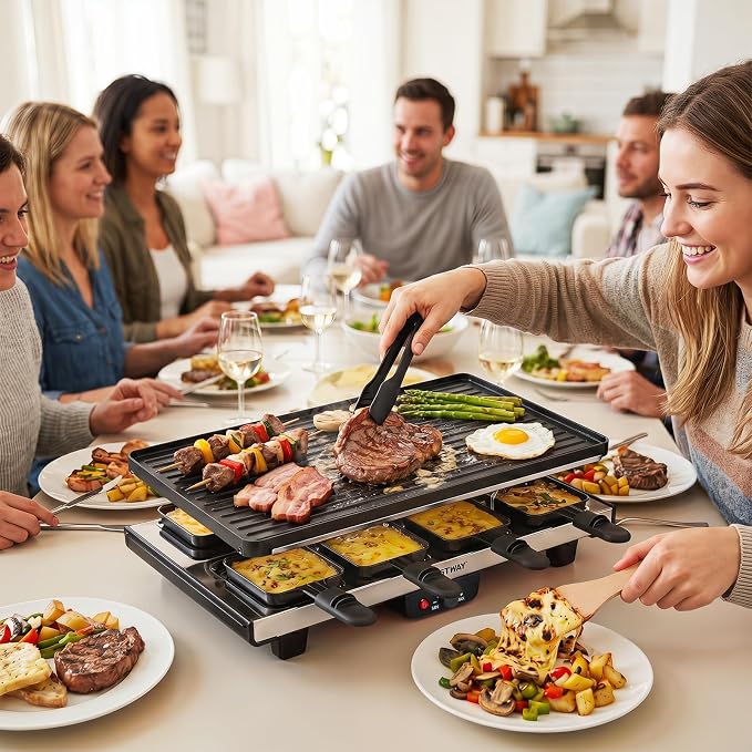 COSTWAY Raclette Grill for 8, 2-in-1 Table Grill & Griddle with Reversible Nonstick Plate, 8 Cheese Pans, 8 Wooden Spatula, Tong & Adjustable Temp Control, 1400W Electric Griller for Indoor & Outdoor
