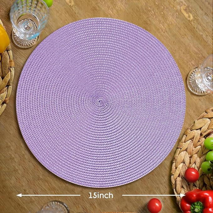 FunWheat Round Braided Placemats Set of 8 Table Mats for Dining Tables Woven Washable Non-Slip Place mats 15 inch(Lavender Purple,8pcs)