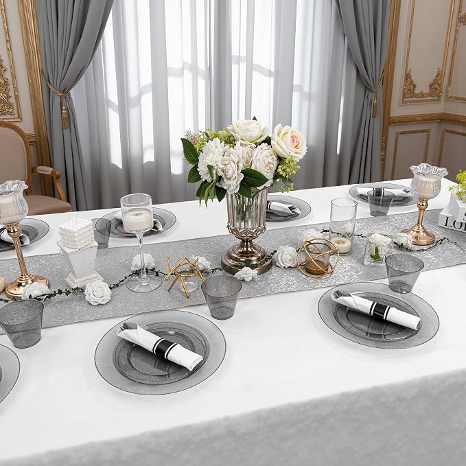 DaYammi 210PCS Black Glitter Plastic Dinnerware Set for 30 Guests, Fancy Disposable Plates for Party, Include: 30 Dinner Plates, 30 Dessert Plates, 30 Pre Rolled Napkins and 30 Cups