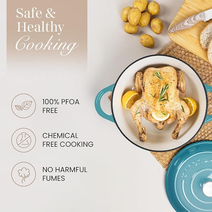 Nuovva Enamelled Cast Iron Dutch Oven Pot with Lid-6.4 Quart Non Stick Casserole Pot-Heavy Duty & Oven Safe up to 500° F for Bread Baking, Braising, Stews, Roasting - 28cm Teal