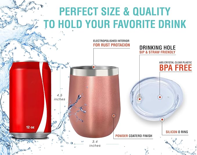 CHILLOUT LIFE 12 oz Stainless Steel Wine Tumblers 4 Pack - Double Wall Vacuum Insulated Wine Glasses Cups with Lids and Straws Set Keeping Cold & Hot for Coffee, Beer, Ice Cream - Rose Gold