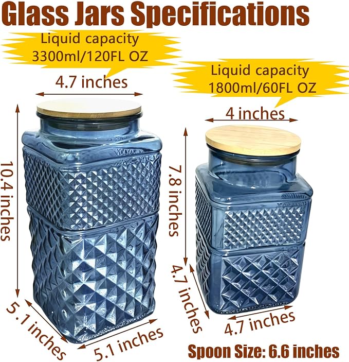 Viovian 60oz Square Glass Jar with Airtight Lid Blue Glass Storage Jars with Scoop,Vintage Glass Coffee Canister for Food Nuts