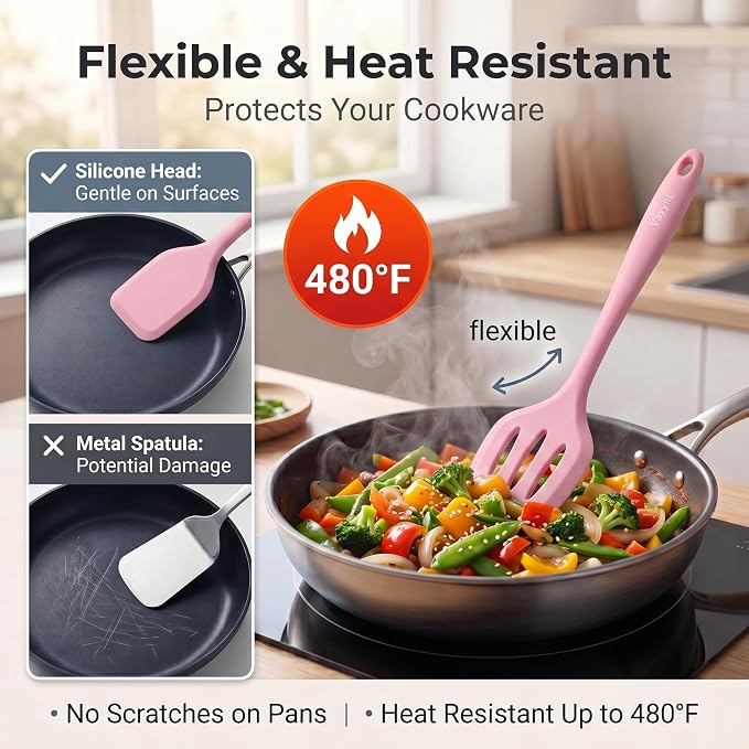 Vayvnt Cooking Utensils Set, 10PCS Non Toxic Silicone Set for Kitchen, Pink | Seamless construction, Soft Silicone for Nonstick Pan, Dishwasher Safe, Kitchen Gadgets for Home Apartment, Housewarming Gift