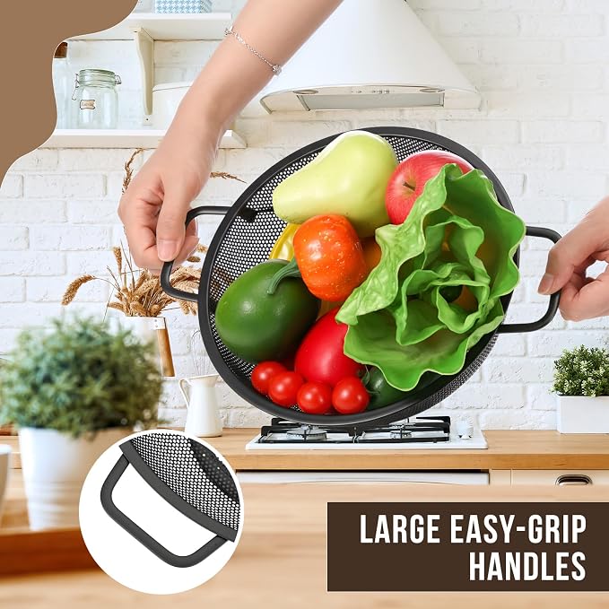 2 Pcs Matte Black Colander for Kitchen, 4 and 5 Qt, Stainless Steel Colander with Handle, Pasta Strainer for Spaghetti Food Fruits Berry Vegetables, Elevated Pedestal Foot