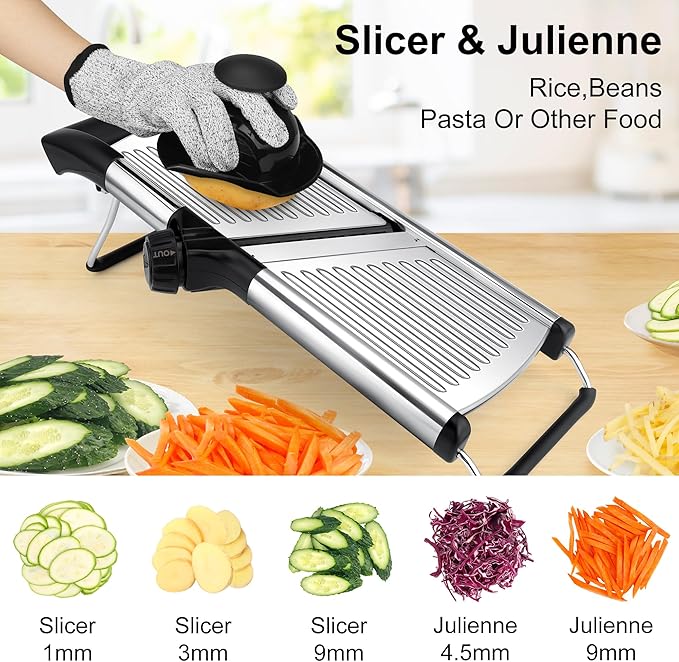 -BINGBING- Mandoline Slicer for Kitchen, Adjustable Mandoline Food Slicer | Stainless Steel Vegetable Slicer, Adjustable Blade, Slices, Julienne, Waffle and French Fries Cut, Includes Gloves and Brush
