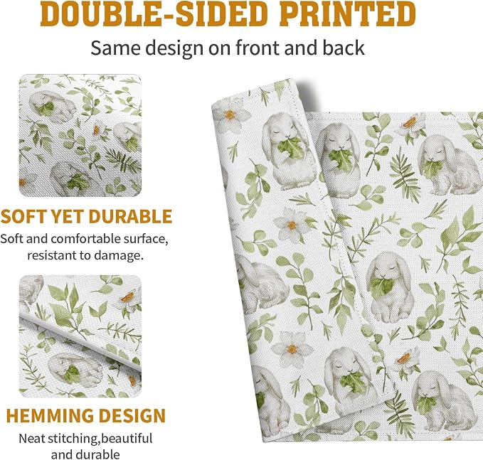 Easter Bunny Rabbits Placemats Set of 4 Easter Spring Green Leaves Flroal Dining Table Placemats 12x18 Inch Heat Resistant Washable Table Mats for Kitchen Dining Holiday Indoor