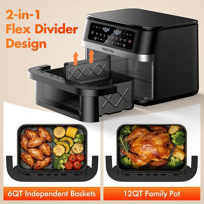 Dual Basket Air Fryers with Flex Basket, 12QT Double Air Fryer with Viewing Window & 50PCS Paper Liners, for 10 People, 12-in-1 Digital Panel with Sync & Light, for Bake, Roast, Reheat,Dishwasher Safe