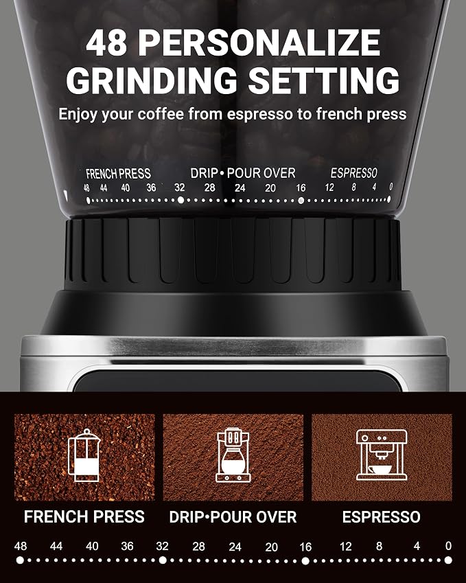 AMZCHEF Conical Burr Coffee Grinder, 48 Grind Settings, Anti-Static Burr Mill with Precision Timer & LED Touchscreen, for Espresso, Drip, Pour Over, Cold Brew & French Press, Stainless Steel, Silver