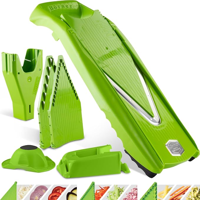 Börner Mandoline Slicer V5 (Professional Set) • Adjustable Vegetable Slicer (7-piece) • 10 Cutting Styles • Kitchen Slicer incl. Docking Station • Stainless Steel V-Blade • Color: Green