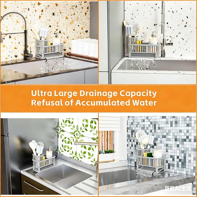Rustproof Sink Caddy & Kitchen Sink Organizer,Plastic Dish Sponge Holder with High Scrub Brush Holder,Sponge Rack for Kitchen Sink,Multifunctional Sponge Drain Rack,Dish Soap Caddy & Dispenser