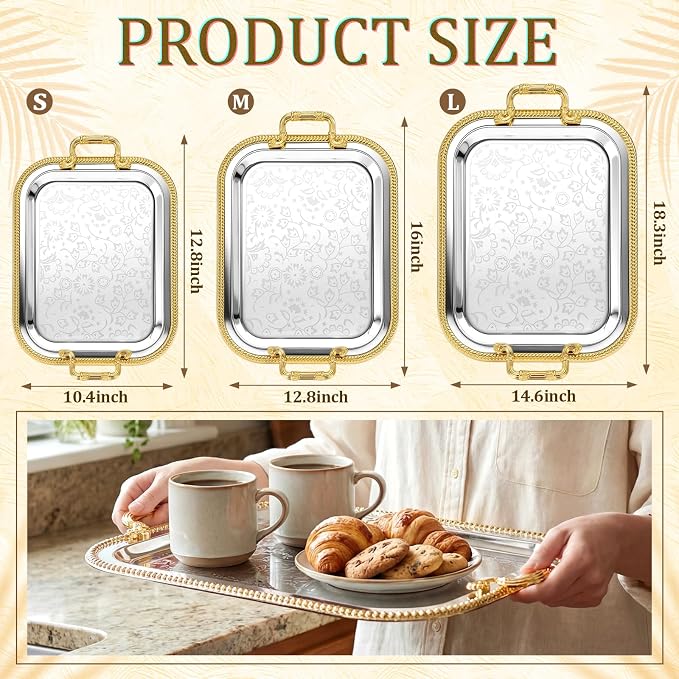 3 Pack Metal Serving Trays with Handles, Decorative Floral Platter Trays for Coffee Tea, Food, Dessert, Jewelry, for Buffet Wedding Party Kitchen Home Decor(Floral,Silver, Gold)