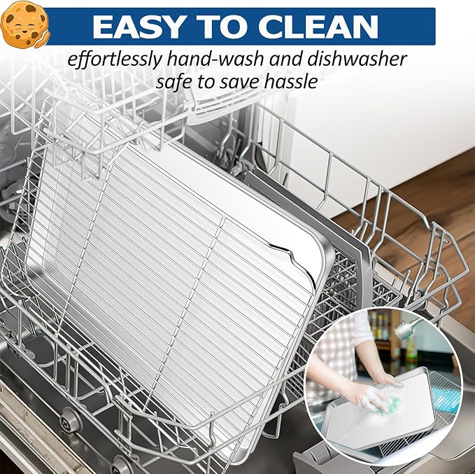 TeamFar Baking Sheet with Cooling Rack Set, 17.6 x 13 x 1 inch | Stainless Steel Half Size Baking Pan Cookie Sheet with Baking Rack, Non Toxic & Heavy Duty, Mirror Finish & Dishwasher Safe