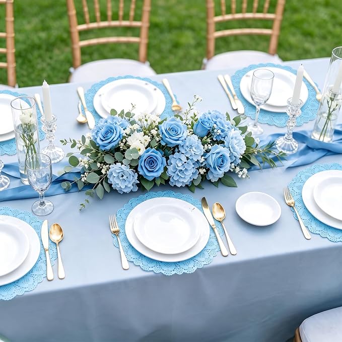 MCEAST 100 Pack Round Blue Paper Doilies 13.5 Inches Lace Paper Place Mats Rustic Scallop Doily Disposable Table Pads for Food Cakes Crafts Party Weddings Tableware Decor
