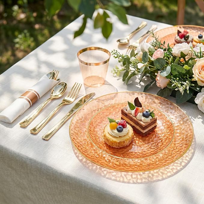 Rubtlamp 700Pcs Orange Gold Plastic Dinnerware Set, Hammered Clear Gold Plates, Fancy Plastic Plates Include 100 Dinner Platos, 100 Salad Platos, 100 Cups, 100 Pack Pre Rolled gold plastic Silverware