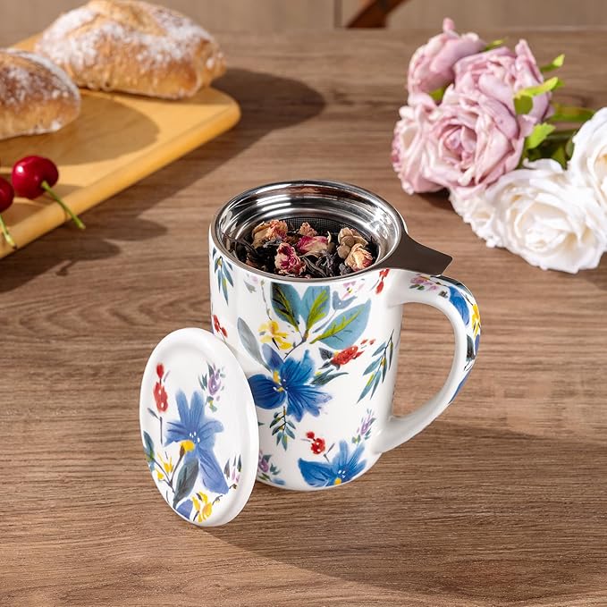 AmorArc Tea Cup With Infuser and Lid, 18oz Loose Leaf Tea Mug With Steeper | Porcelain Tea Mug With Infuser and Lid, Large Strainer Tea Cup with Lid for Tea, Coffee Mug for House-warming Birthday Gift