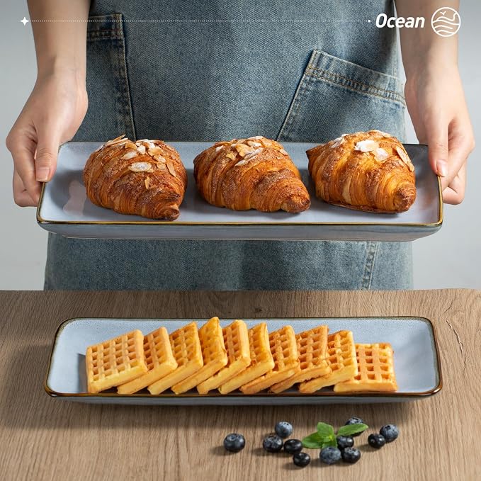 Famiware Serving Platters Set of 3 Sizes - Rectangular, Blue | 15.67"/14.1"/12.6" Fine Stoneware Serving Trays for Party, Entertaining for Food, Turkey, Cheese, Microwave Dishwasher Safe
