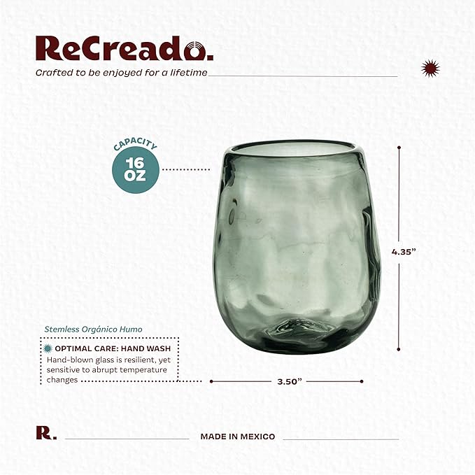 Organic Smoke Hand Blown Stemless Wine Glasses - 100% Recycled Mexican Glassware - Artisan Crafted Drinking Glasses for Cocktails, Tequila, or Water - Set of 6 (16 oz)