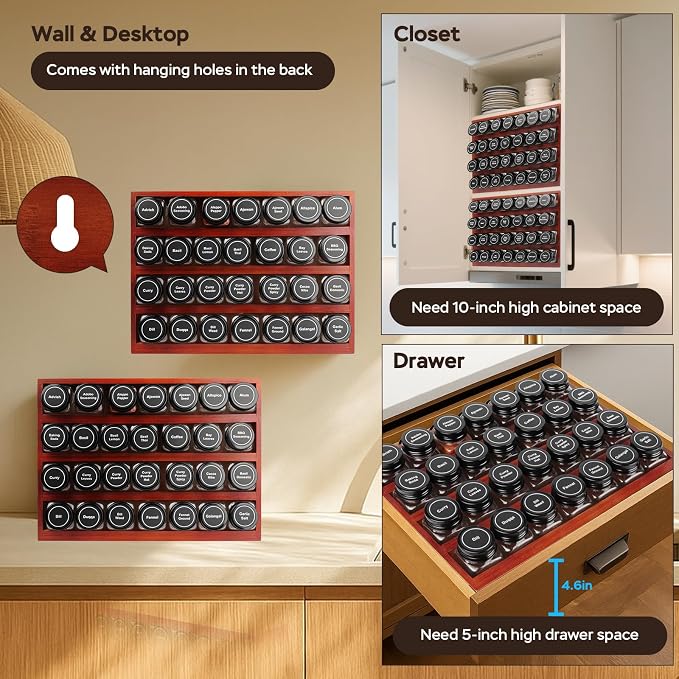Bamboo Spice Rack Organizer with 28 Glass Spice Jars 4 oz Set Cherry Stain | 4 Tier Wood Hanging Shelf, 780 Labels, for Drawer Cabinet Kitchen Countertop Wall Mount, Empty 4 oz Glass Jars