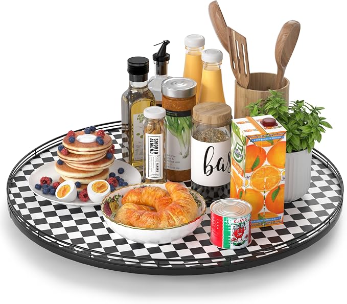 AMH 24-Inch Black and White Checkerboard Lazy Susan Decorative Tray | Smooth rotating oak tray with walnut finish for dining tables, kitchen counters, pantries and cabinet storage.