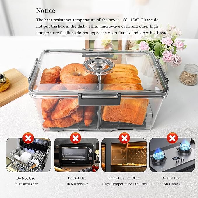7.5L Bread Storage Container,Large Bread Box,Grey | Airtight Bread Box,Time Recording Lid, Extra Capacity,For Kitchen Countertop,Bread Storage Container,Homemade Breads Toast