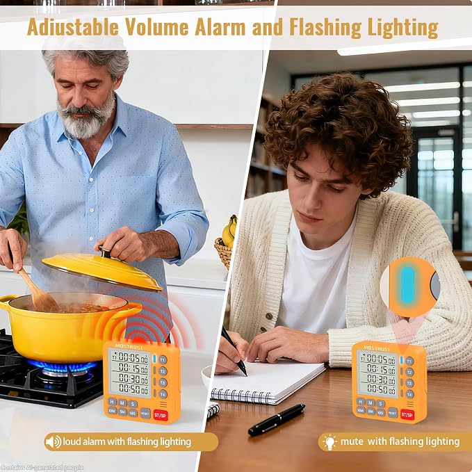 Digital Dual Kitchen Timer, Multiple Channels Countdown Timer | 4-Groups Timer with Magnetic-Back Memory-Preset Large Display Adjustable Alarm Volume, 3A Battery Included, Ideal for Cooking