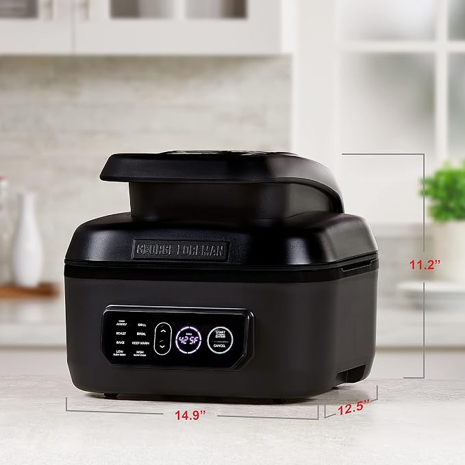 George Foreman Beyond Grill™ 7-in-1 Electric Indoor Grill with Air Fry Technology, MCAFD800D, Black, Large | 7-in-1 grill with air fry, roast and bake functions, 500°F searing and no-defrost cooking.