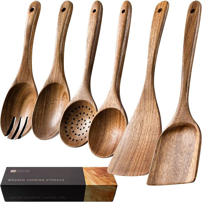 Wooden Spoons for Cooking, 6-Piece Acacia Wood Cooking Utensil Set | Spoons and spatulas stir, mix, flip and serve; balanced handles offer control while staying gentle on nonstick cookware.