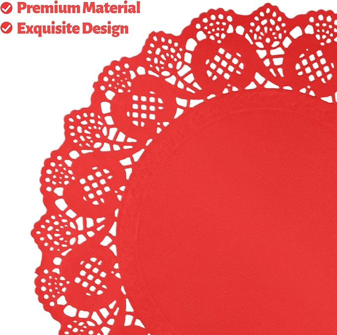 MCEAST 100 Pack Round Red Paper Doilies 13.5 Inches Lace Paper Place Mats Rustic Scallop Doily Disposable Table Pads for Food Cakes Crafts Party Weddings Tableware Decor