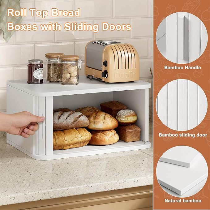 WOWLIVE Roll Top Bread Box for Kitchen Countertop, Bamboo Bread Storage | Airtight Bread Containers, Large Bread Bin with Sliding Door for Loaves, Bagels, Countertop Storage Cabinet, White, Medium