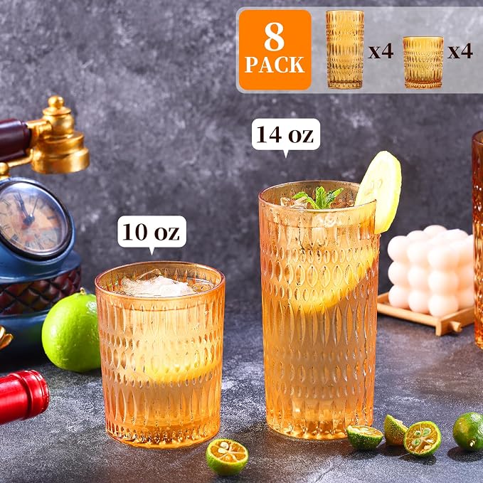 Loivttvv Glassware Drinking Glasses Set of 8, 14 oz Highball Glasses & 10 oz Ribbed Glass Cups, Vintage Glassware for Water, Juice, Cocktail (Thanksgiving Amber)