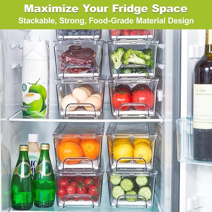 6-Pack Fridge Drawer Organizer, Pull-out Stackable Refrigerator Organizers and Storage, Clear Fruit Storage Containers Bins with Drain Tray for Kitchen Cabinet, Pantry Organization