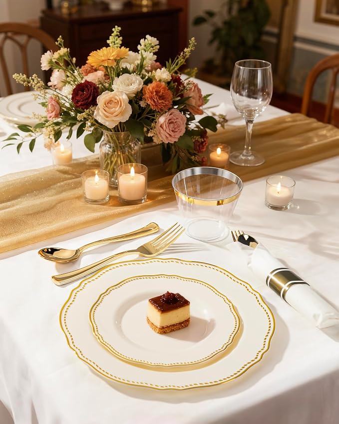 175 Pcs Ivory Gold Plastic Plates Wedding & Party | Gold Plastic Dinnerware Set Includes 25 Dinner Plates, 25 Dessert Dinnerware, 25 Cups, 25 Napkins Perfect