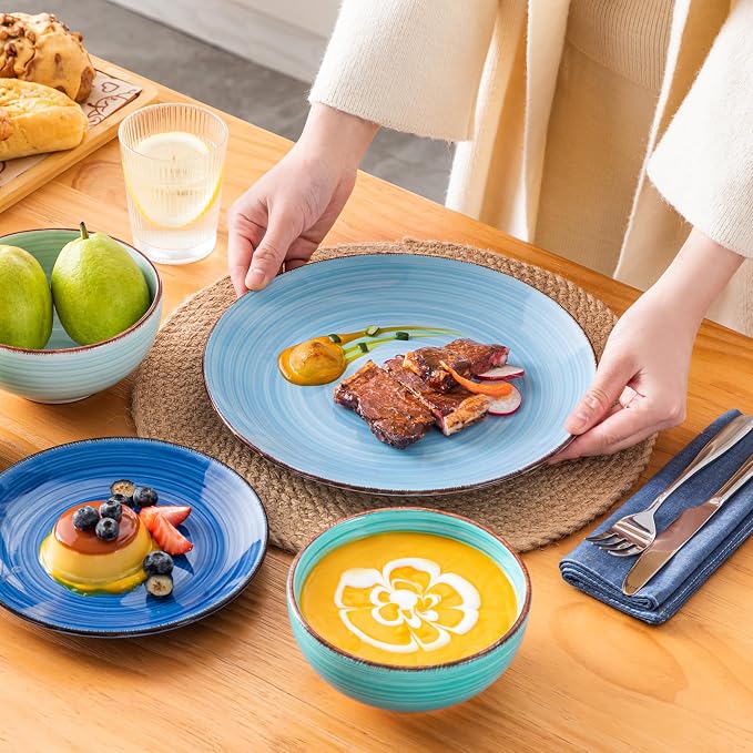 vancasso Bonita Plates and Bowls Set 18 Pieces Blue Stoneware Service for 6 | Modern Round Dinnerware Sets, Hand-Painted Spiral Dishes Set-Microwave and Dishwasher Safe (Blue,18 Pcs)