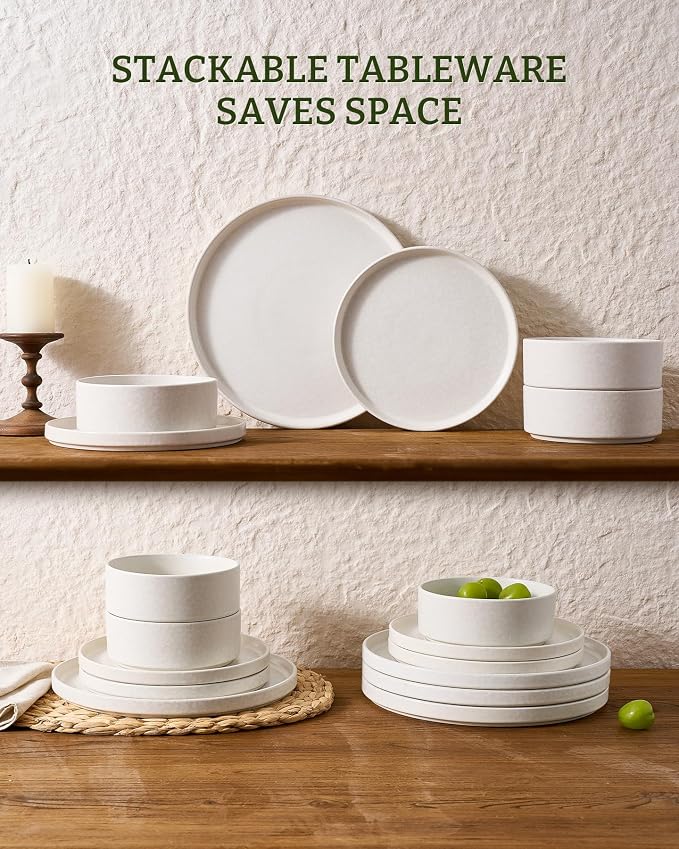 Famiware Nebula 12-Piece Dinnerware Set, Matte Beige White | Stoneware Plates and Bowls, Handmade Reactive Glaze, Microwave & Dishwasher Safe, Chip & Scratch Resistant