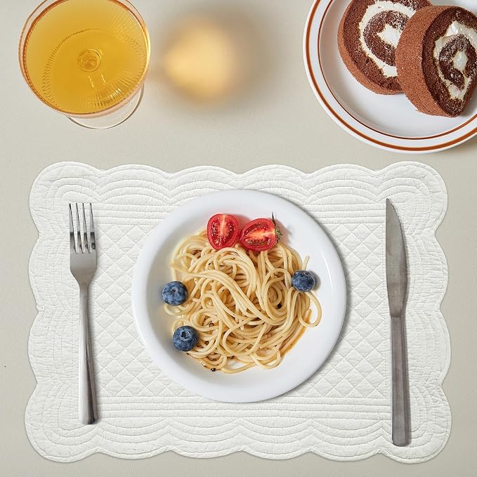 HOMBYS Quilted Placemats Set of 6 Washable-13x18 inches Rectangular Placemats for Kitchen Table-100% Cotton Fabric Rectangular Table Mats, (Cream White)