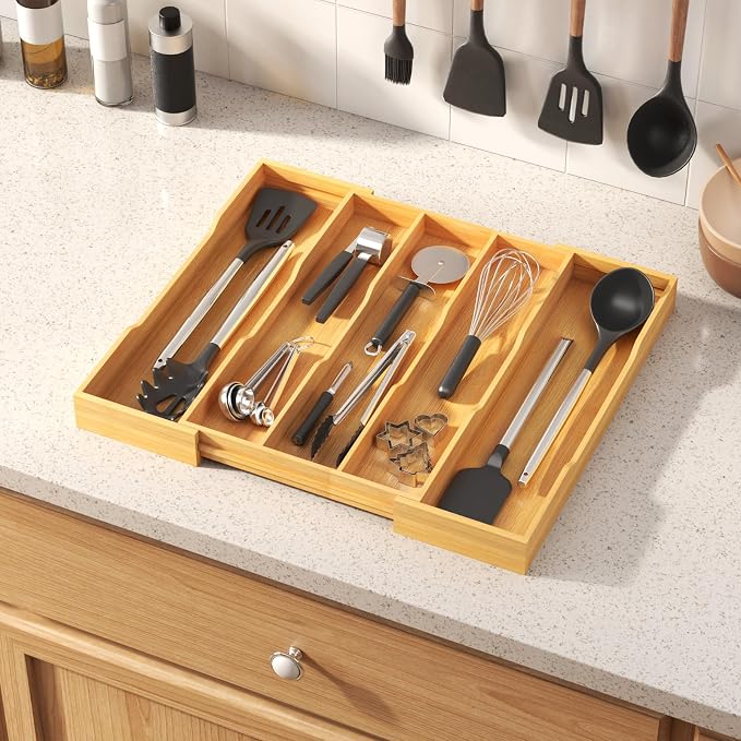 Lifewit Utensil Drawer Organizer, Expandable Kitchen Tool Tray | Wood Adjustable Flatware and Spatula Storage Divider, 11-19.7 x 17 x 1.8“, Natural