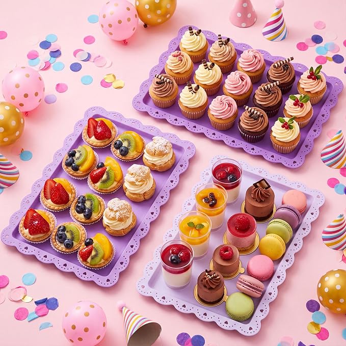 3 Pcs Purple Serving Trays Plastic Platters Dessert Cupcake Holder Party Supplies 14.4 x 9.3 Inches Rectangular Cookie Snack Display Tray for Wedding Restaurant