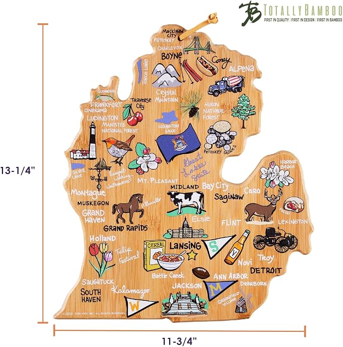 Totally Bamboo Michigan State Shaped Cutting Board, Art by Fish Kiss | State charcuterie board with colorful hand-drawn map artwork. Smooth reverse side for food prep. Hang tie for wall display.