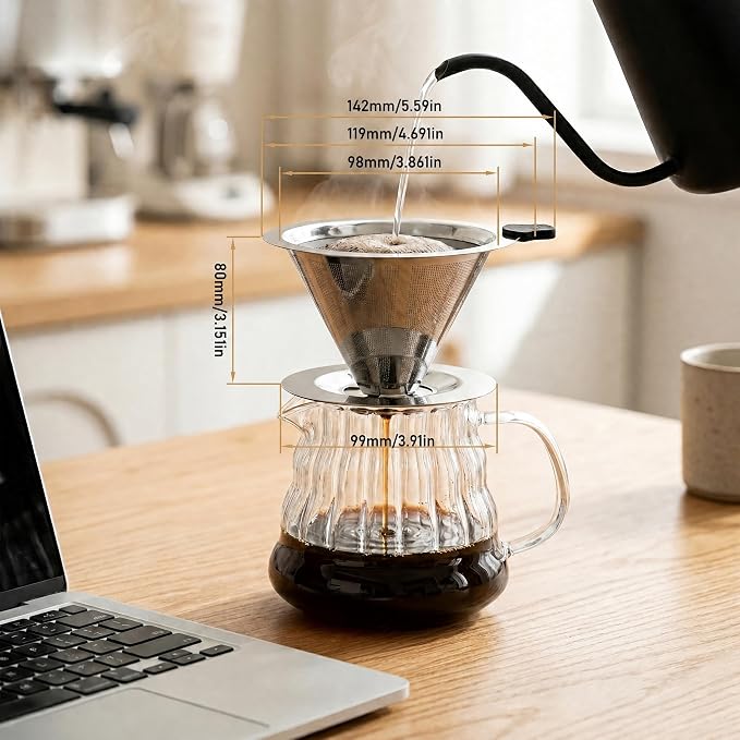 Pour Over Coffee Dripper, Reusable Cone Stainless Steel Coffee Filter, Double Layer Fine Mesh Paperless Coffee Maker with Coffee Spoon and Cleaning Brush for 2–3 Cups