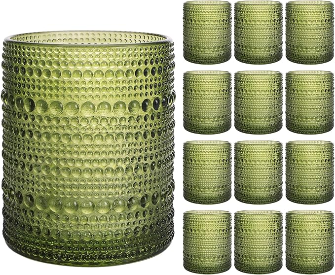Moretoes 12 Pack 10 Oz Green Vintage Hobnail Drinking Glasses Set | Cocktail Glasses Vintage Glassware, Textured Glass Cups Bubble Glasses Water Glasses Old Fashion Jupiter Glasses Set