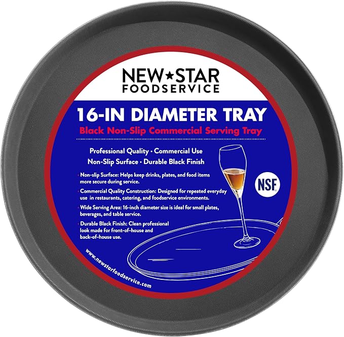 New Star Foodservice Restaurant Grade Non-Slip Serving Tray, 16 Inch Round Black Plastic Tray with Rubber-Lined Surface, Bar, Catering, Restaurant, and Foodservice Tray
